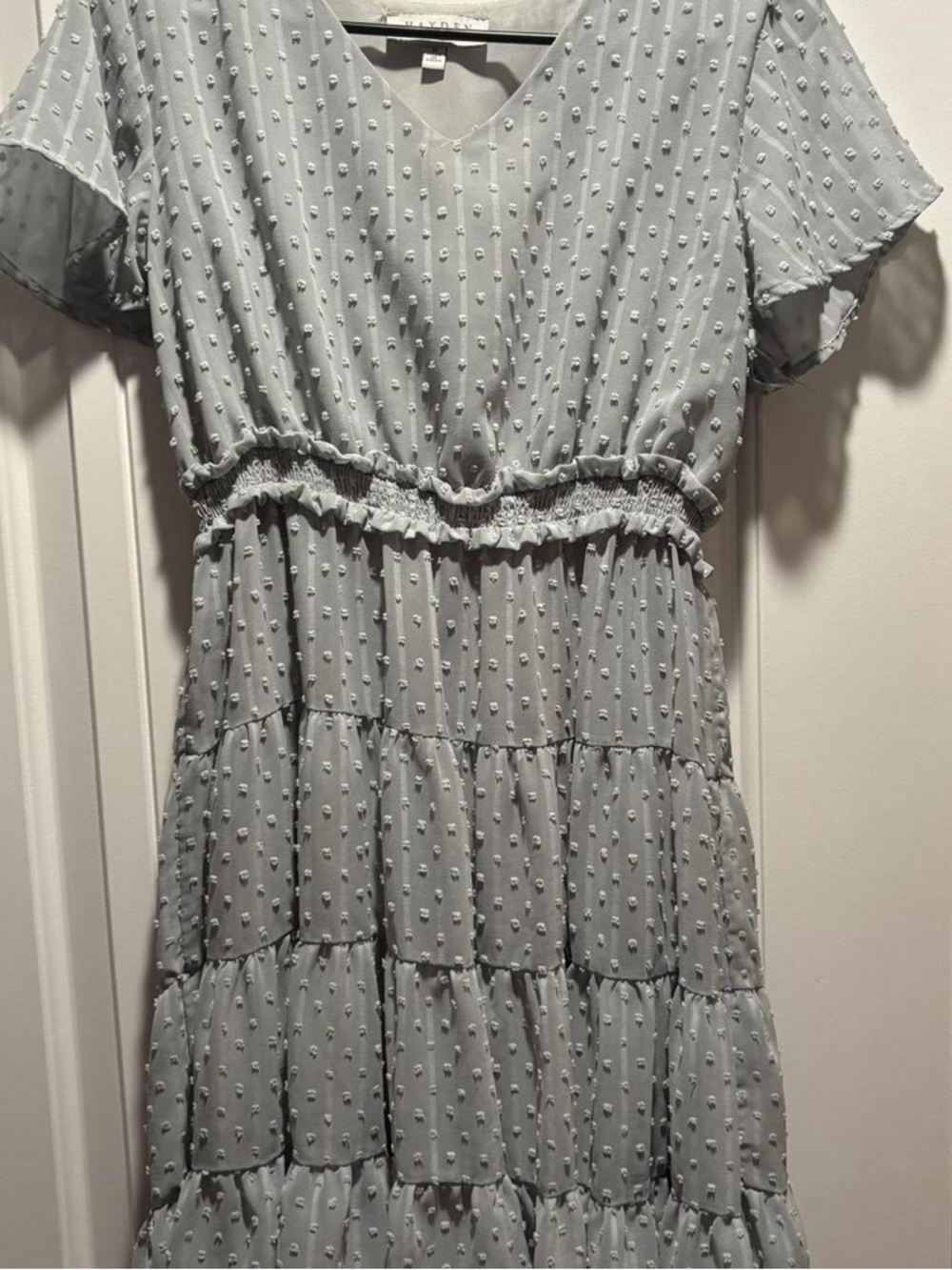 Light Blue Swiss Dot Tiered V-Neck Dress